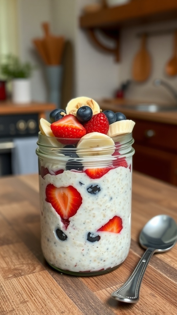 A jar of overnight oats with berries and bananas on a wooden table.